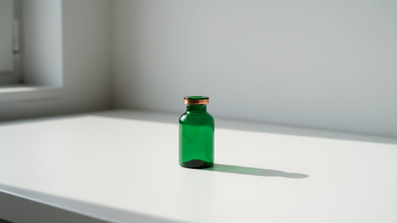 Illustration: An empty deep green glass vial on a white desk with soft natural light.