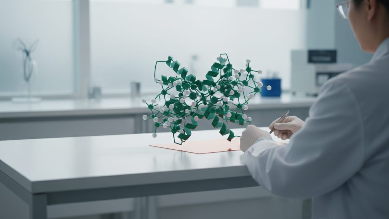 Illustration: A large, complex molecular model in white and deep green on a white desk.