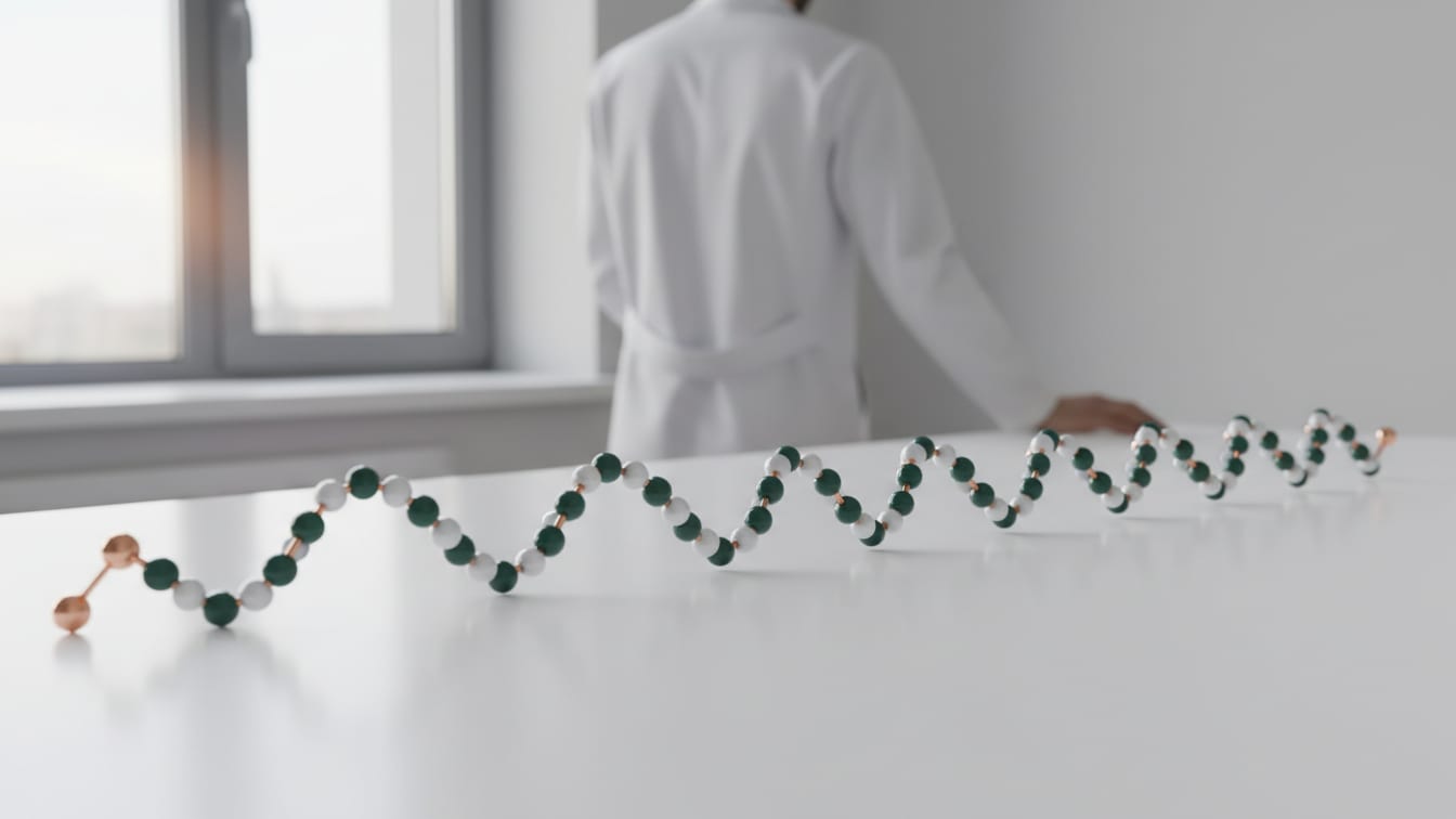 Illustration: A coiled white and deep green molecular model on a white desk with copper accents.
