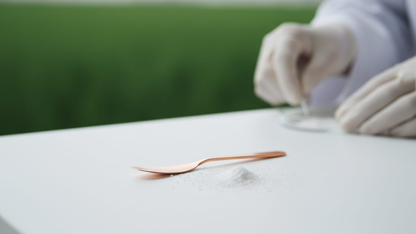 Illustration: A copper spatula with white crystalline powder on a white lab bench.