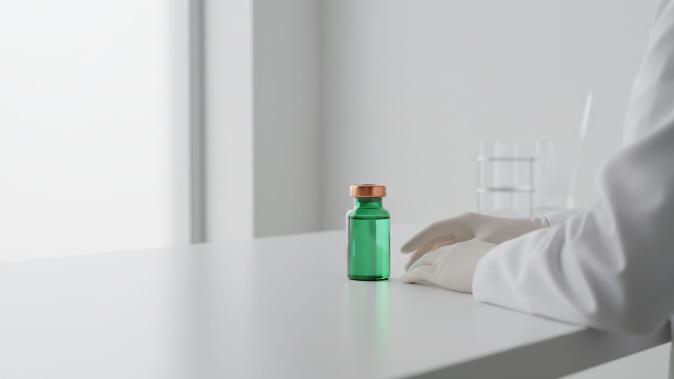 Illustration: A deep green peptide vial with a copper cap on a white desk under natural light.