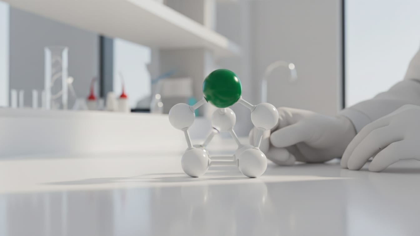 Illustration: A ring-shaped molecular model in white and deep green on a white lab bench with copper reflections.