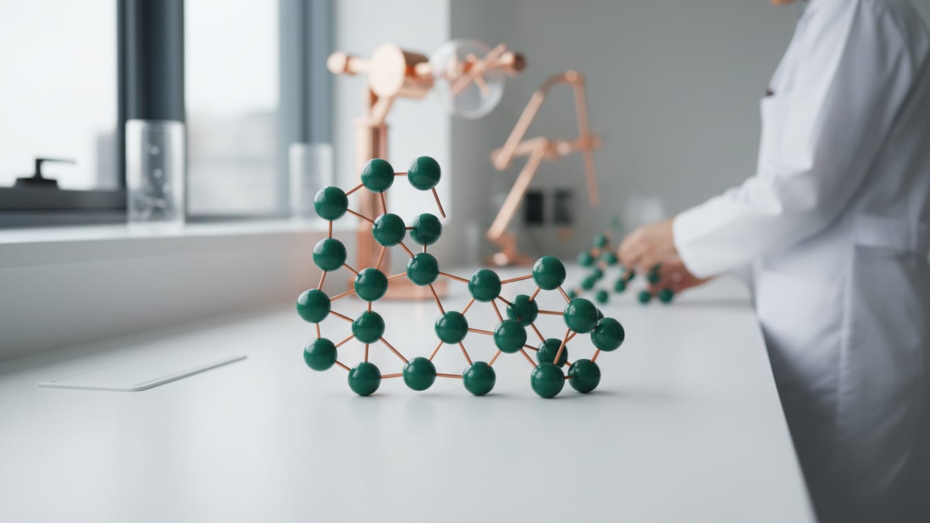 Illustration: A kidney-shaped deep green molecular model on a white lab bench with copper reflections.