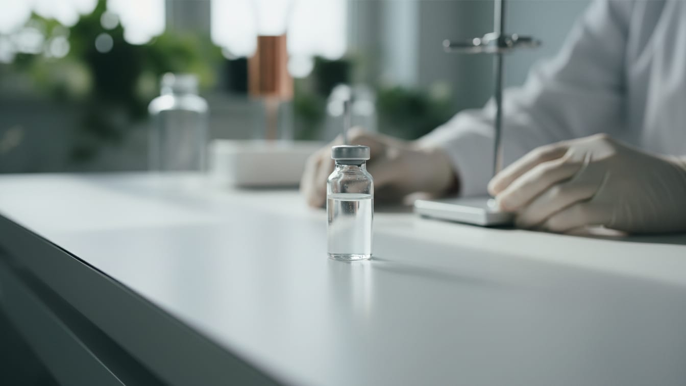 Illustration: A clear glass vial with pale viscous liquid on a white lab bench, with green and copper reflections.