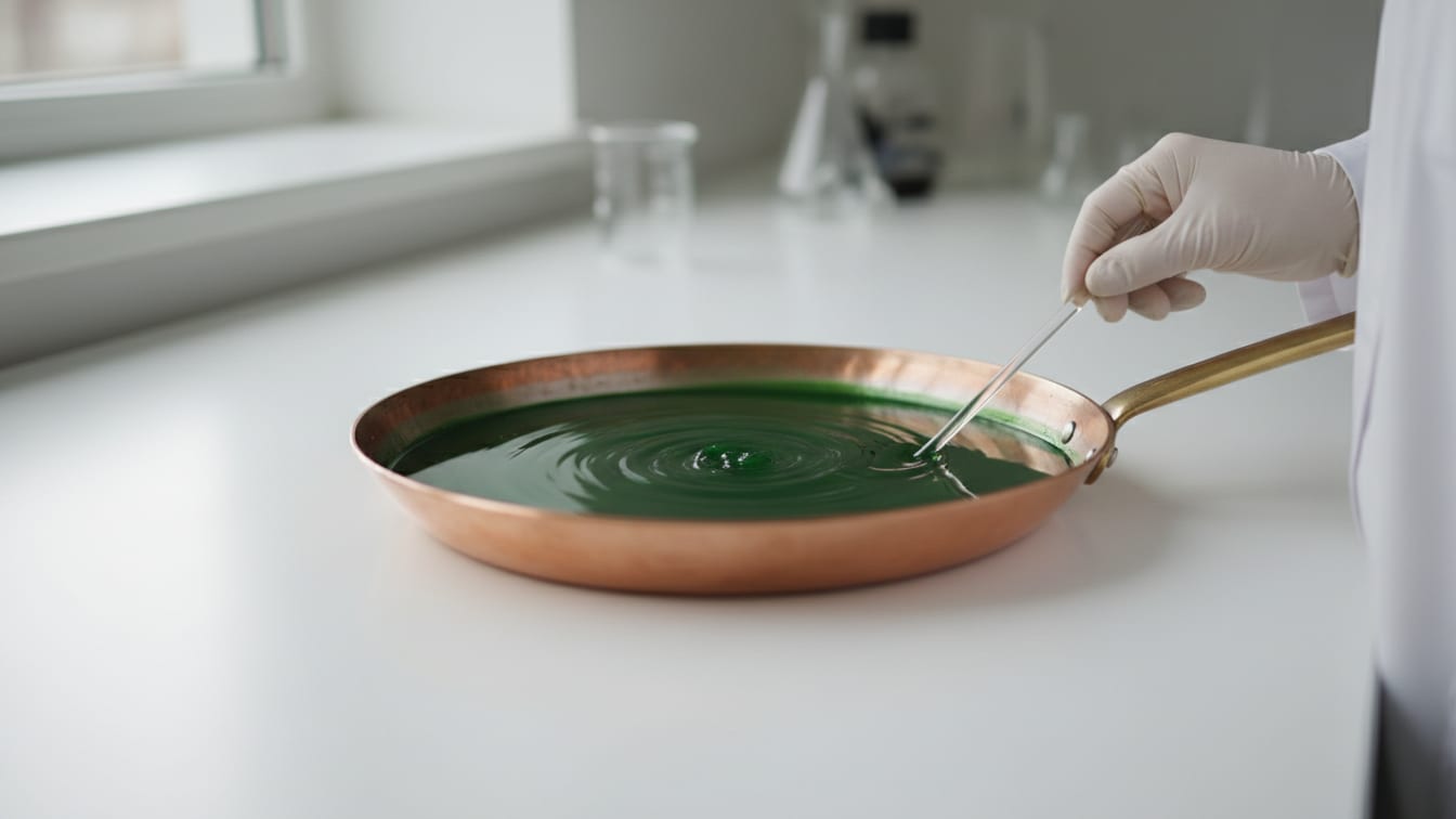 Illustration: A copper pan with green liquid on a white lab bench under natural light.