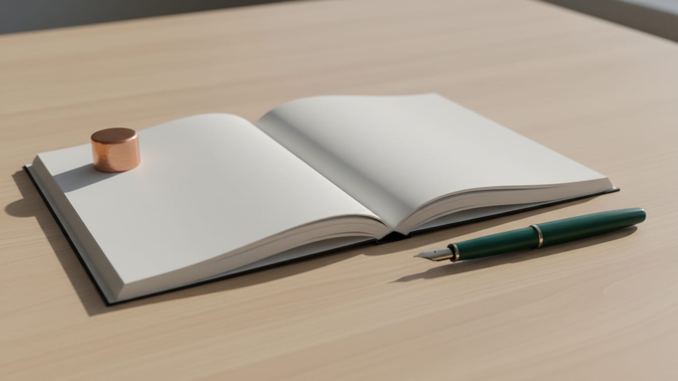 Illustration: An open blank notebook with a deep green fountain pen and a copper paperweight on a light wooden desk.