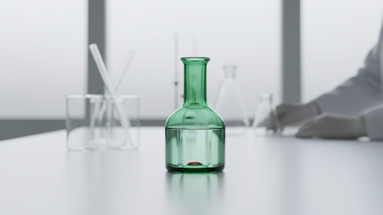 Illustration: A deep green volumetric flask with pale green liquid and a copper stirring bar on a white lab bench.