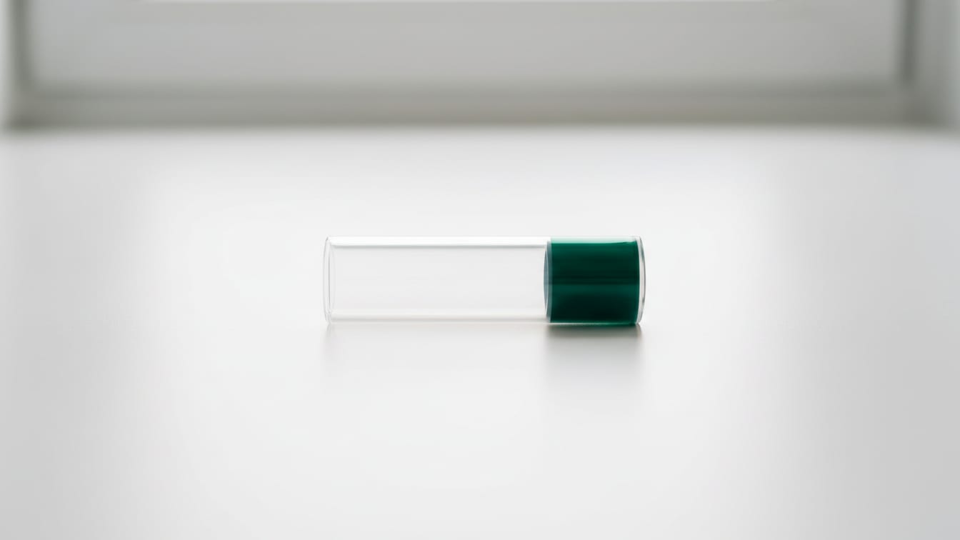 Illustration: A small clear glass tube with a dark green stopper lying on its side on a white bench in flat daylight.
