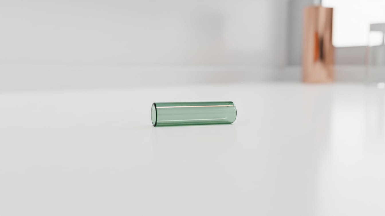 Illustration: An empty, clear glass microcentrifuge tube on a white lab bench with a deep green tint and copper.