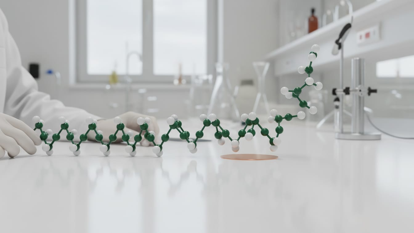 Illustration: A coiled molecular model of a 42-unit peptide chain in white and deep green on a white lab bench.