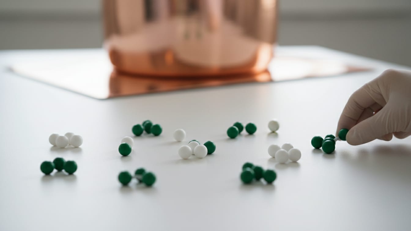 Illustration: A scattering of individual molecular model spheres in white and deep green on a white surface with copper.