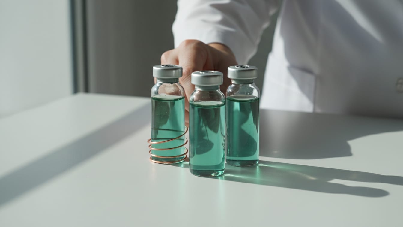 Illustration: Three clear glass vials with pale green liquid on a white surface, with a subtle copper coil.