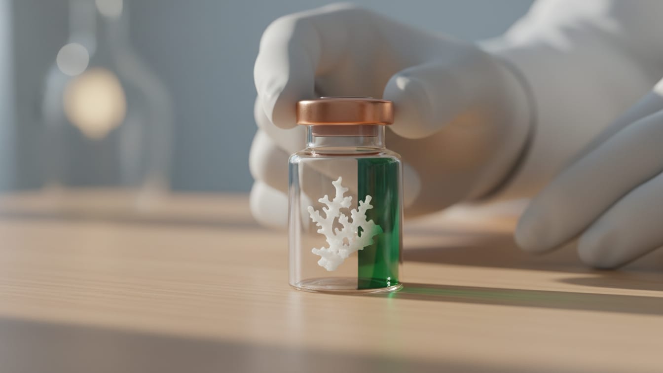 Illustration: A clear glass vial with a white crystalline peptide on wood, with green and copper reflections.