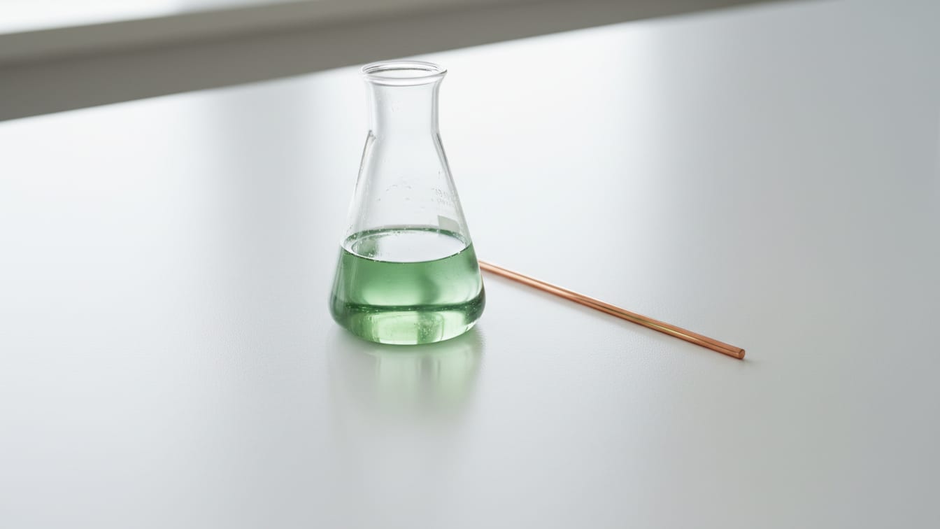 Illustration: A clear glass Erlenmeyer flask with faint residue and a copper stirring rod on a white lab bench.