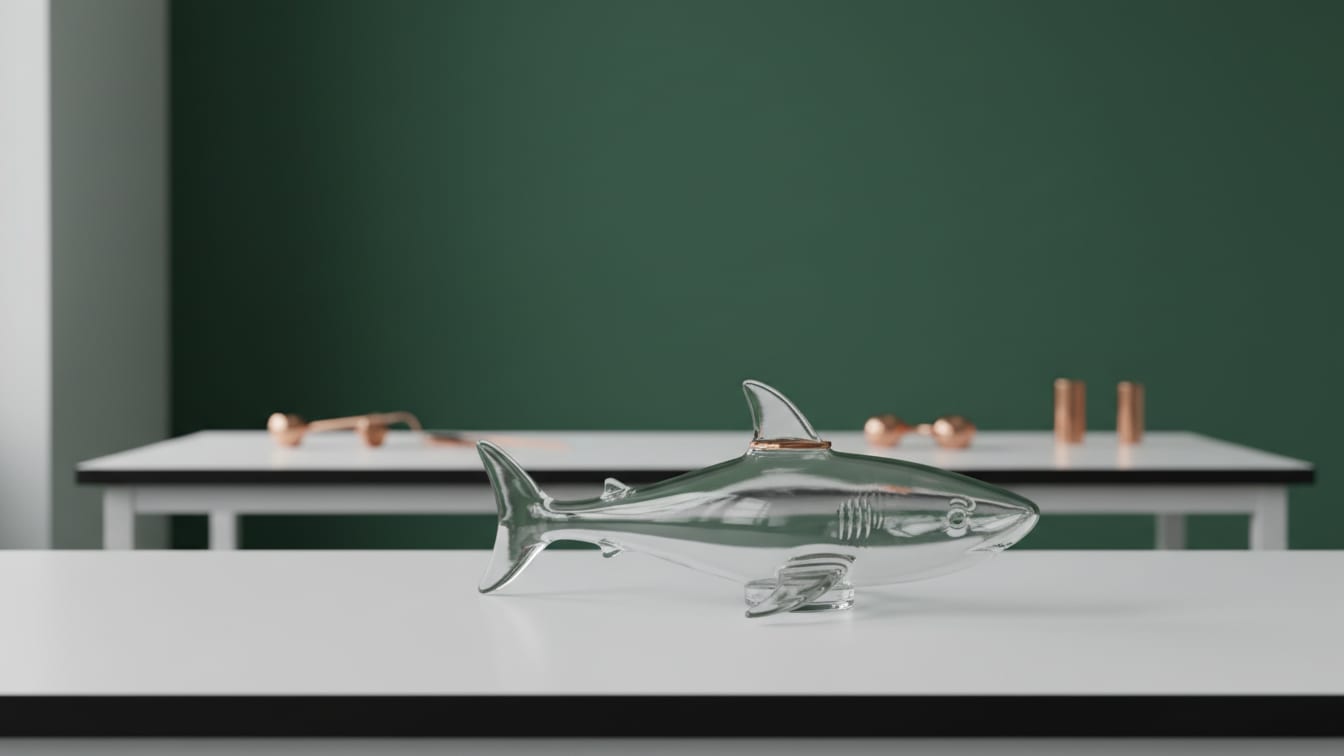 Illustration: An empty, clear glass shark-shaped bottle on a white lab bench with a deep green background.