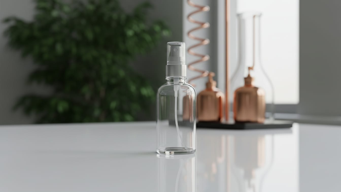 Illustration: An empty, clear glass atomizer bottle on a white lab bench with subtle green and copper reflections.