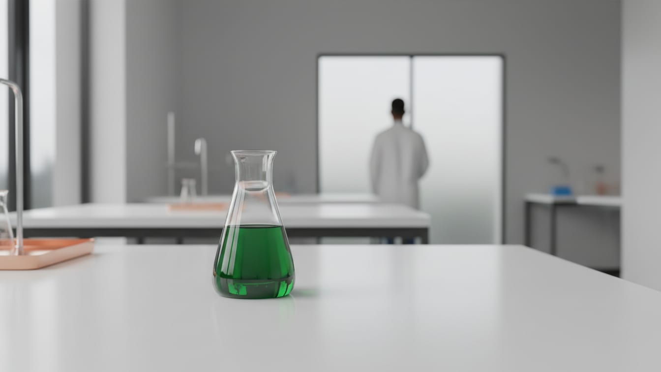 Illustration: A clear glass beaker on a white lab bench with a subtle green reflection under even light.