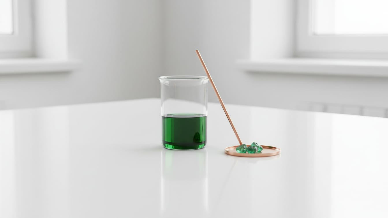 Illustration: A clear glass beaker with a faint deep green liquid on a white lab bench under soft light.
