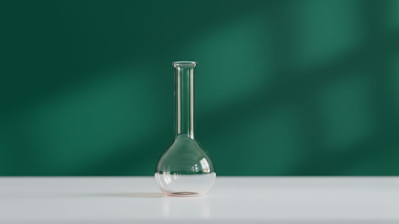 Illustration: An empty, clear glass volumetric flask on a white lab bench with a deep green and copper background.