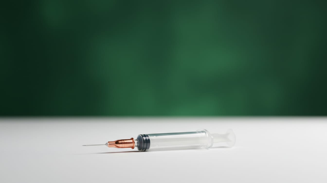 Illustration: An empty, clear glass syringe with a copper plunger tip on a white surface, with a deep green background.
