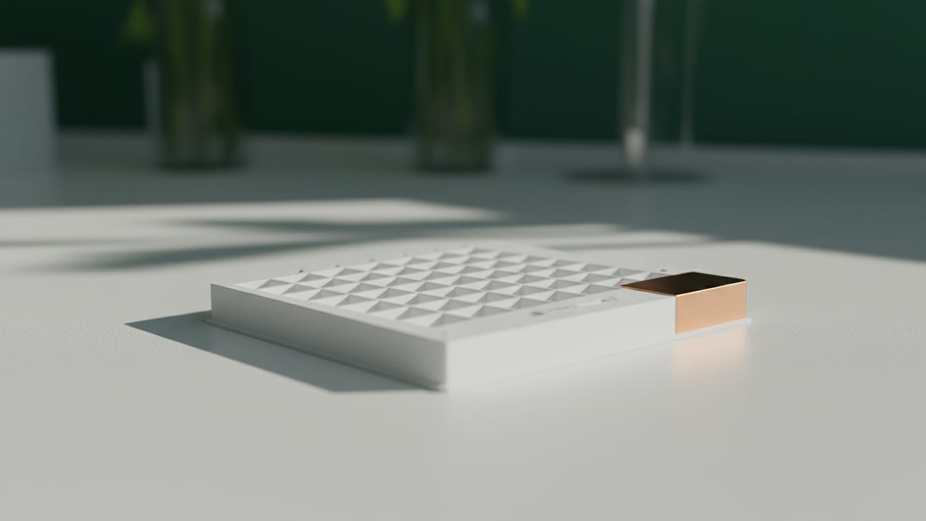 Illustration: A white multi-well laboratory plate on a pale bench with a copper block at one end and a dark green wall behind.