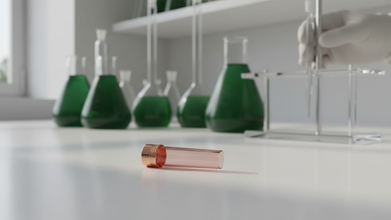 Illustration: An empty copper microcentrifuge tube on a white lab bench.