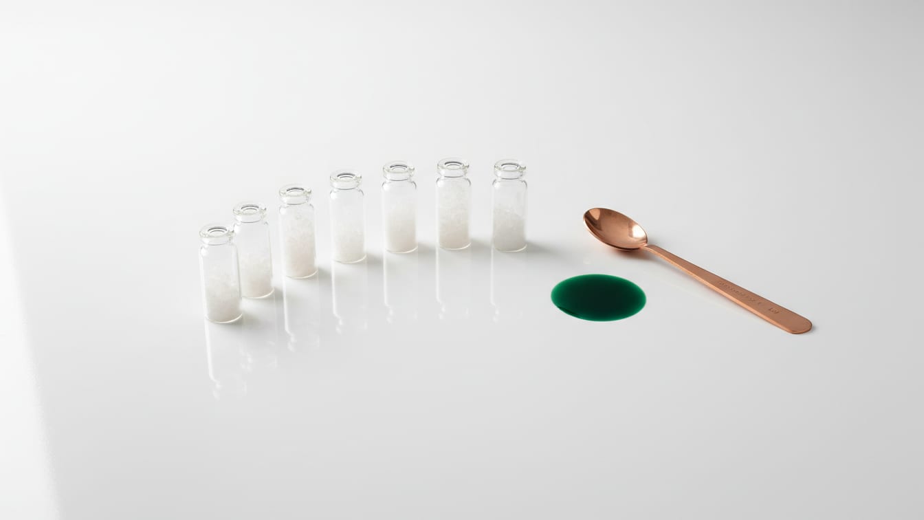 Illustration: Clear glass vials with pale crystalline powder and a copper spoon on a white lab bench.