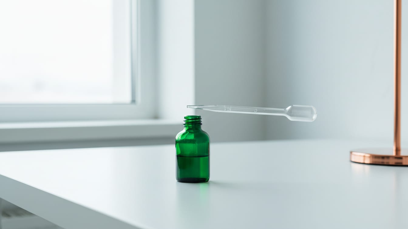 Illustration: A clear glass pipette near a deep green reagent bottle on a white lab bench.
