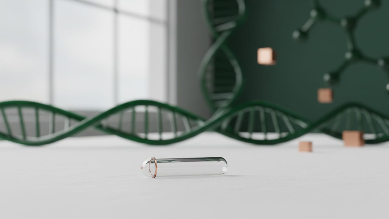 Illustration: An empty, clear microcentrifuge tube with a subtle copper tint on a white lab bench.