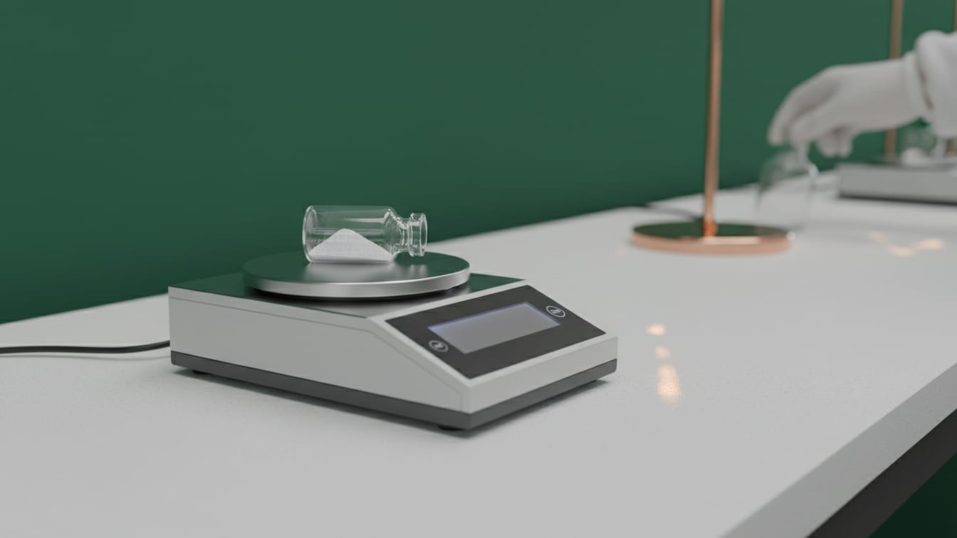 Illustration: A small open vial of white powder on a scale, on a white bench, with green and copper.