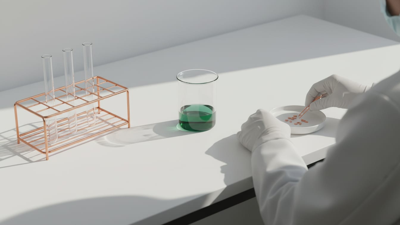 Illustration: A clear beaker with a faint deep green liquid on a white lab bench.