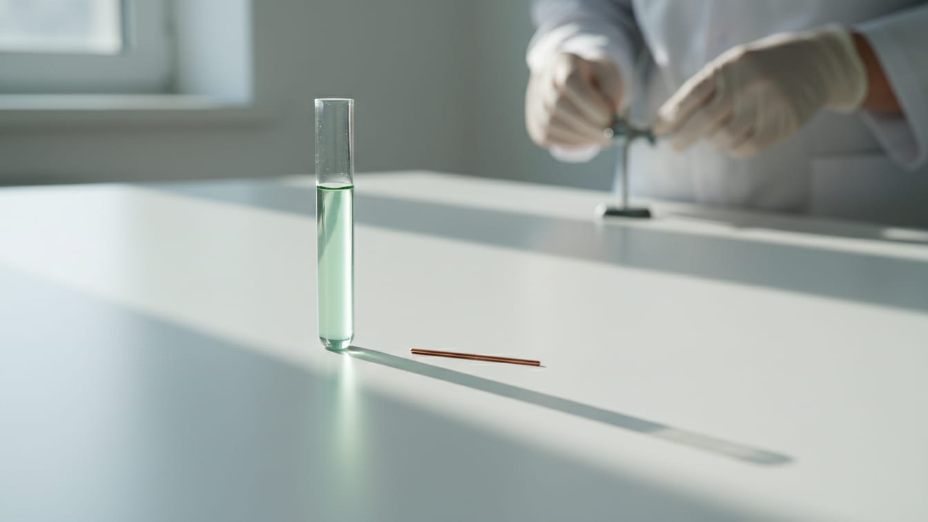 Illustration: A clear test tube with pale green liquid and a copper stir bar on a white lab bench.