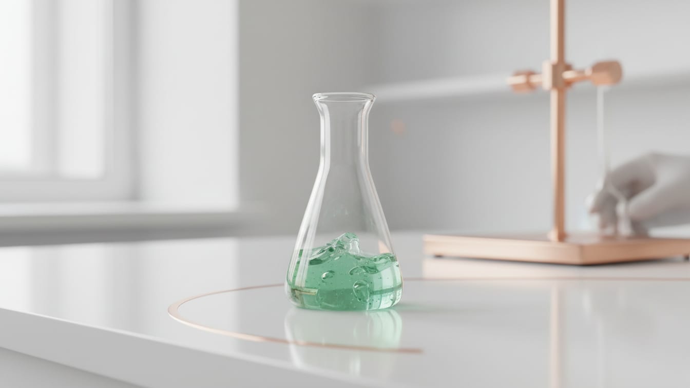 Illustration: A clear Erlenmeyer flask with pale green gel on a white lab bench, copper reflections.