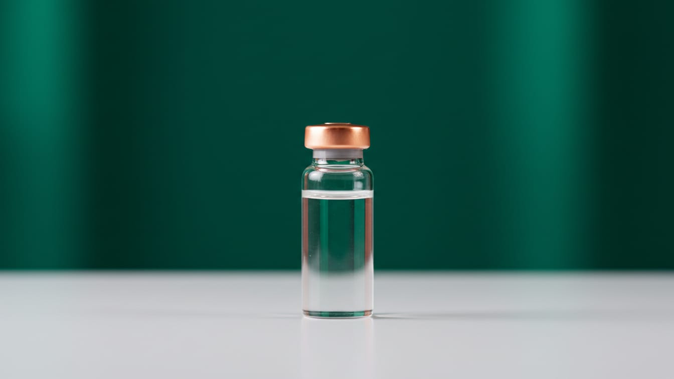 Illustration: A clear glass vial with a peptide solution on a white lab bench with green and copper reflections.