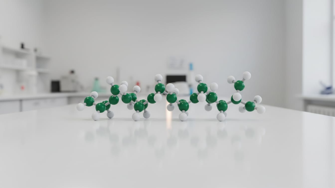 Illustration: A molecular model of the leptin protein on a white lab bench with green and copper accents.