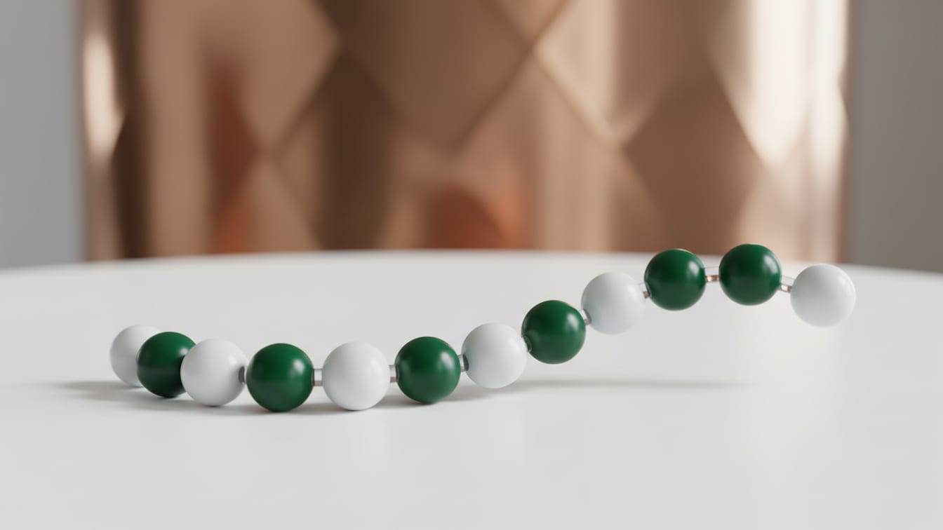 Illustration: A molecular model of a nine-amino-acid peptide chain on a white surface with subtle reflections.