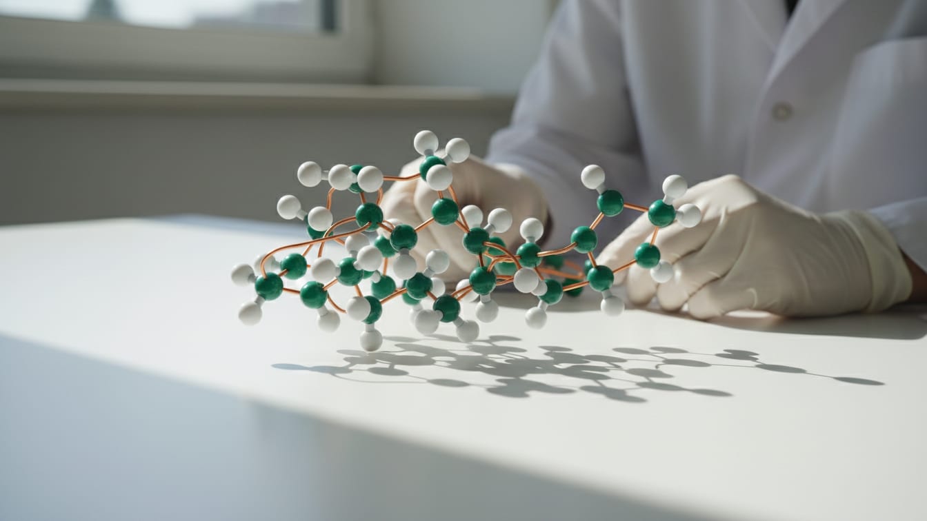 Illustration: A molecular model of a peptide with white, green, and copper elements on a white surface.