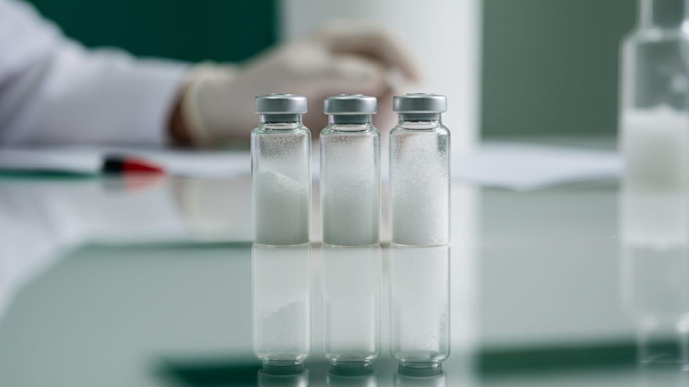 Illustration: Three clear glass vials with white crystalline powders on a white surface.