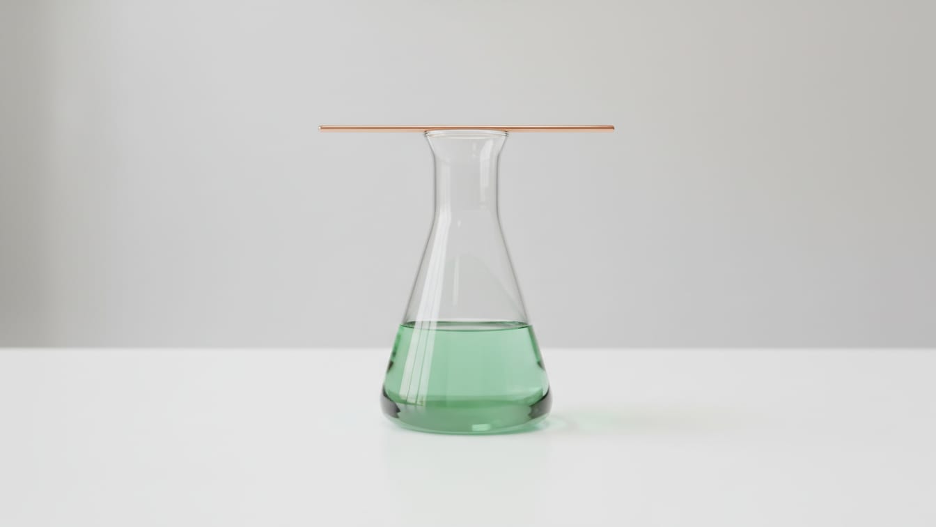 Illustration: A clear Erlenmeyer flask with pale green liquid and a copper stirring rod on a white lab bench.