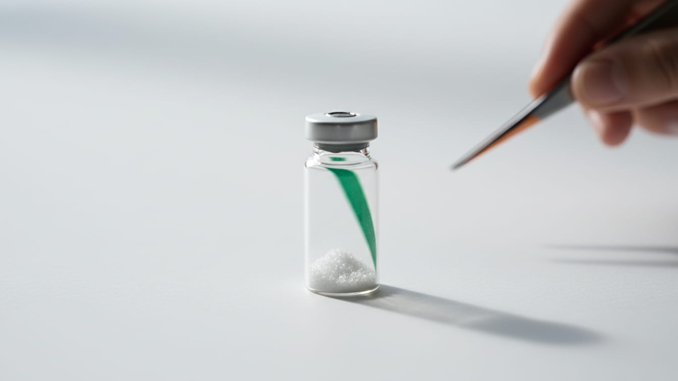 Illustration: A clear glass vial with white powder and subtle green and copper reflections on a white surface.