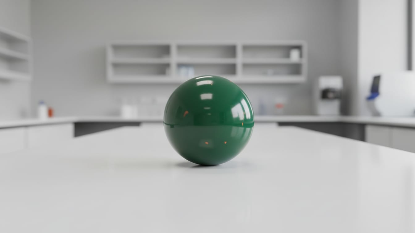 Illustration: A large deep green molecular model sphere on a white lab bench with subtle copper reflections.