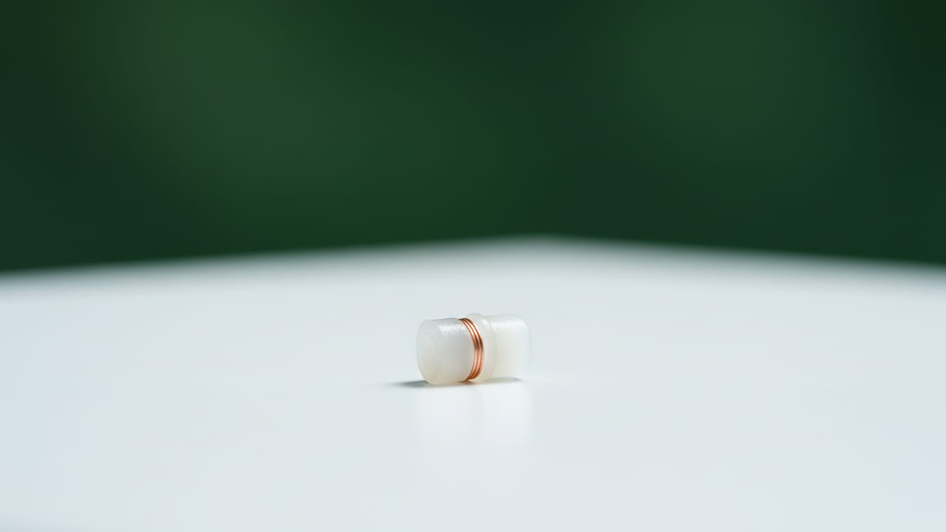 Illustration: A pale, translucent cylindrical implant on a white surface with a deep green background.