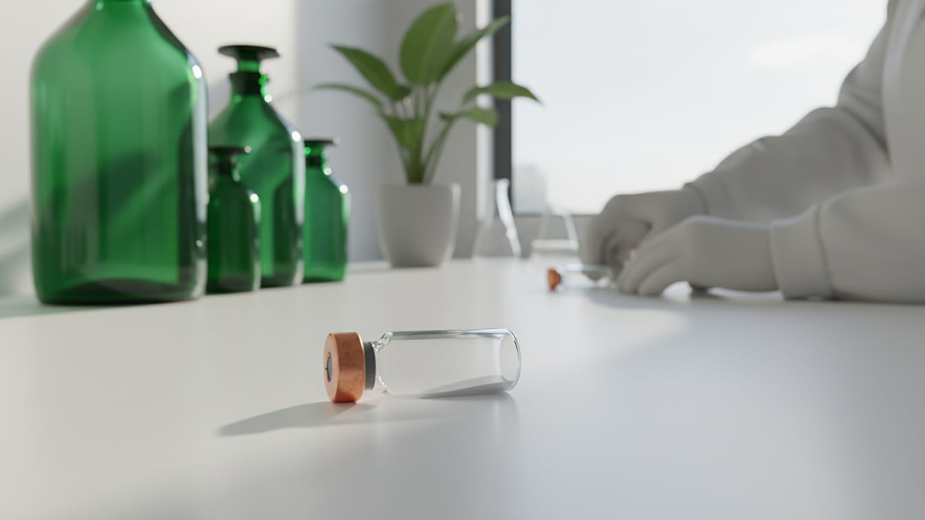 Illustration: An empty, clear peptide vial with a copper cap on a white lab bench.