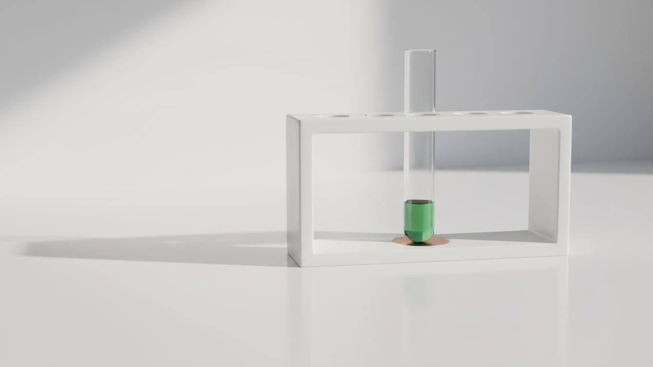 Illustration: A clear glass test tube with a pale green liquid in a white rack on a lab bench.