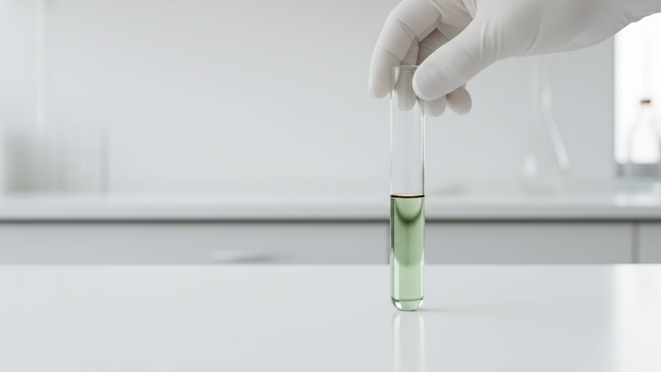 Illustration: A clear glass test tube with pale green liquid on a white lab bench, reflecting copper.