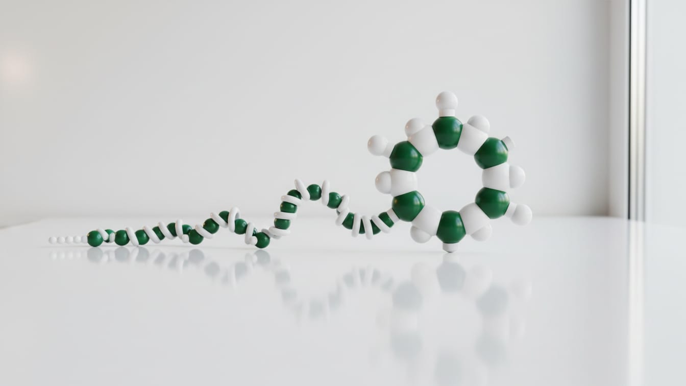 Illustration: A molecular model of micafungin with a ring and a fatty tail in white and deep green.