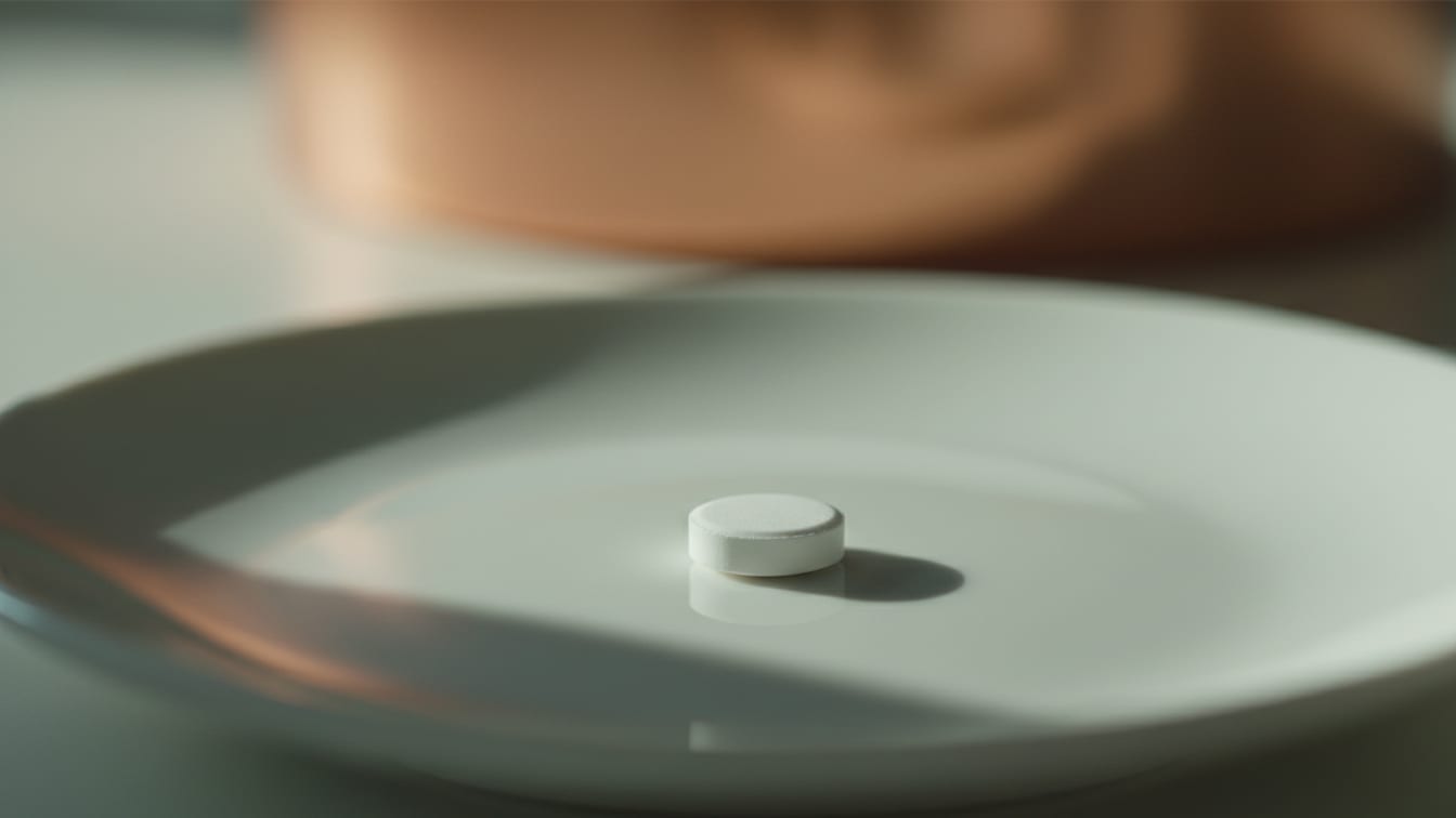 Illustration: A single white pill on a white surface with subtle green and copper reflections.