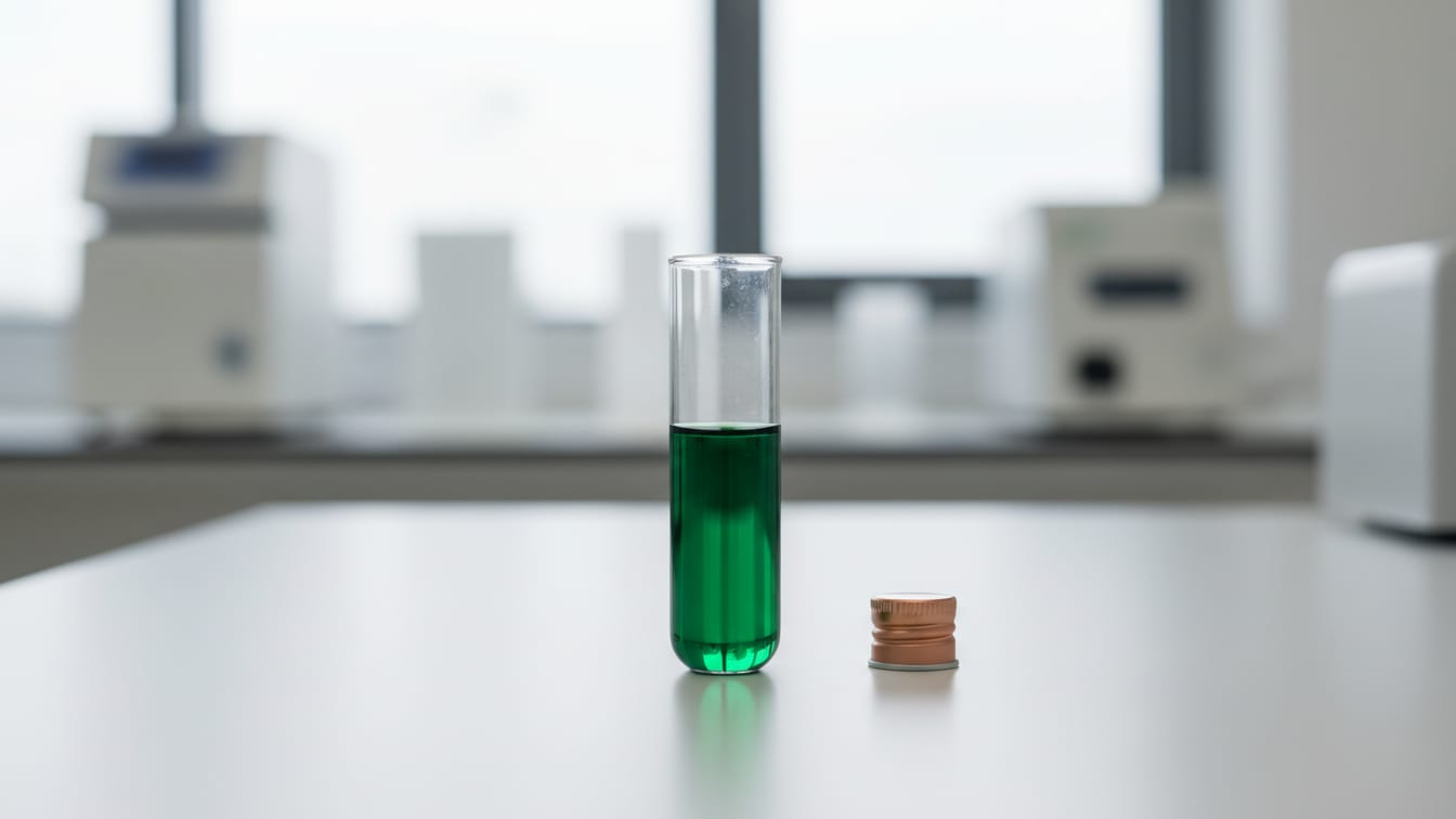 Illustration: A clear microcentrifuge tube with deep green liquid and a copper cap on a white lab bench.