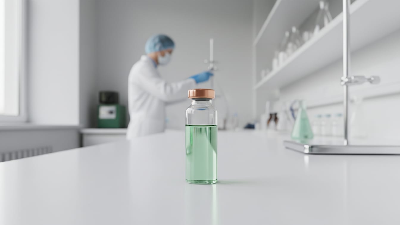 Illustration: A clear glass vial with pale green liquid on a white lab bench with a copper reflection.
