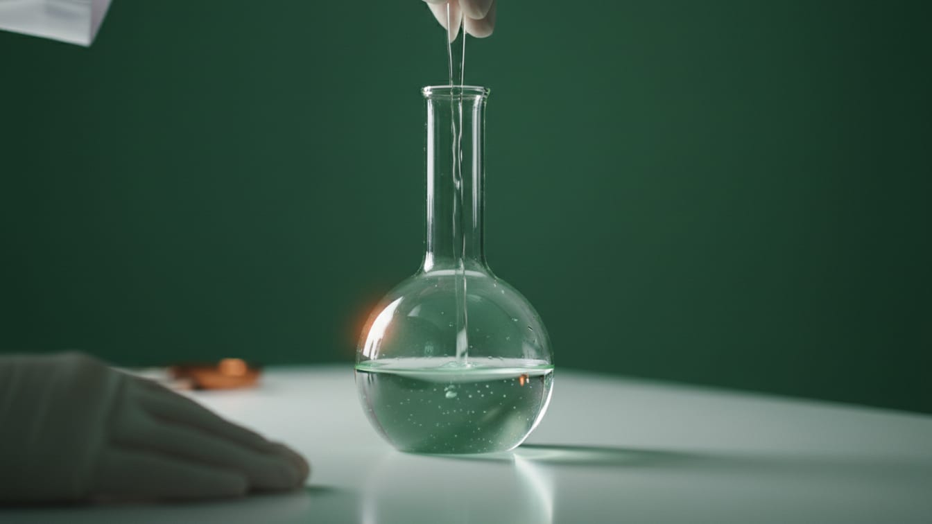 Illustration: A clear glass flask with a faint green sheen on a white lab bench, with deep green and copper reflections.